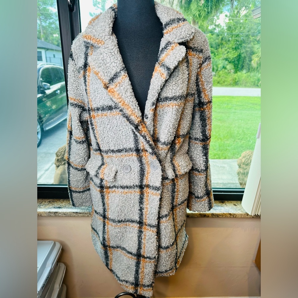 Stoosh Plaid Teddy Longline Jacket Size Large